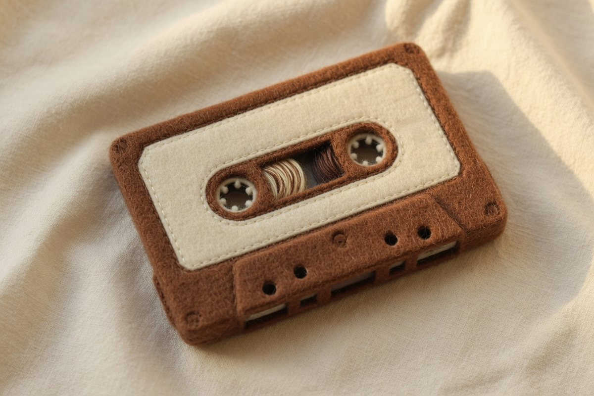A brown felt cassette with a blank cream label