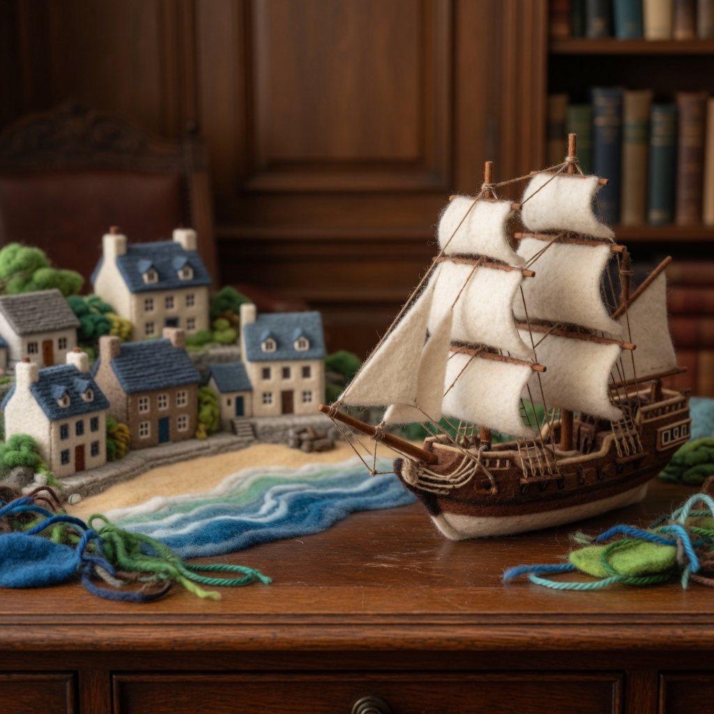 A felt seaside town and a wool sailing ship on a study desk