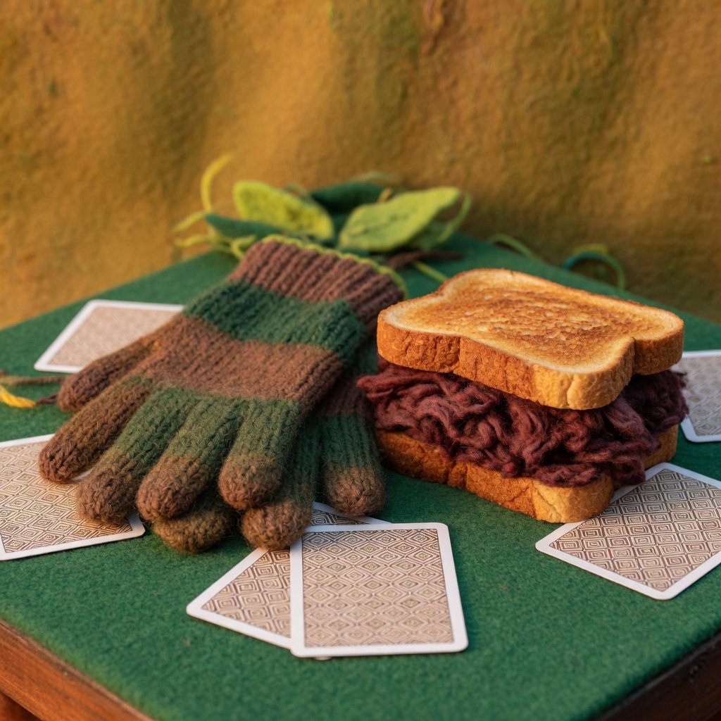 A knitted glove, a beef toast sandwich and plain-backed playing cards