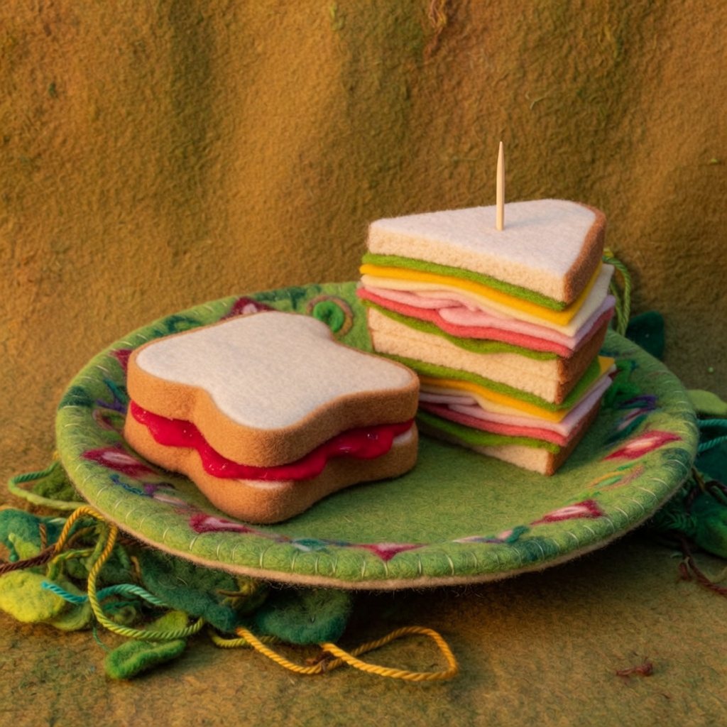 A jam sandwich and a tall club sandwich on a party plate