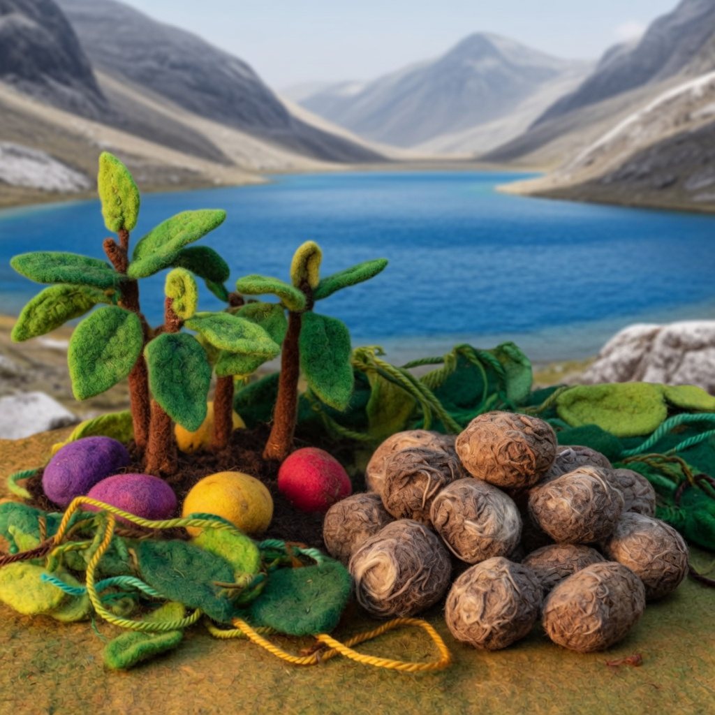 Potato plants and a pile of dried potatoes beside a high blue lake