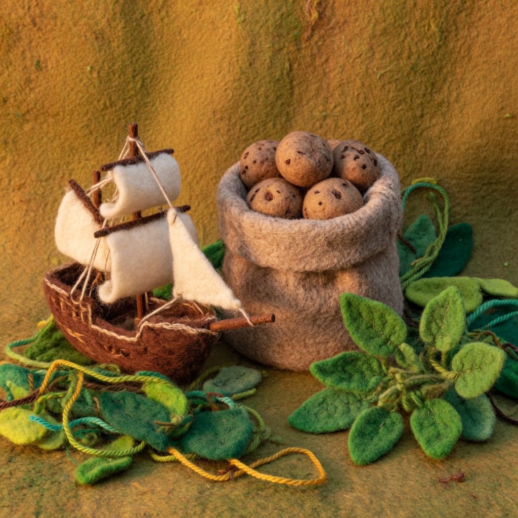 A wool ship, a sack of potatoes and a sprig of green potato leaves