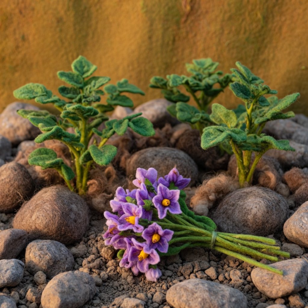 Potato plants in a stony field and a bunch of purple flowers