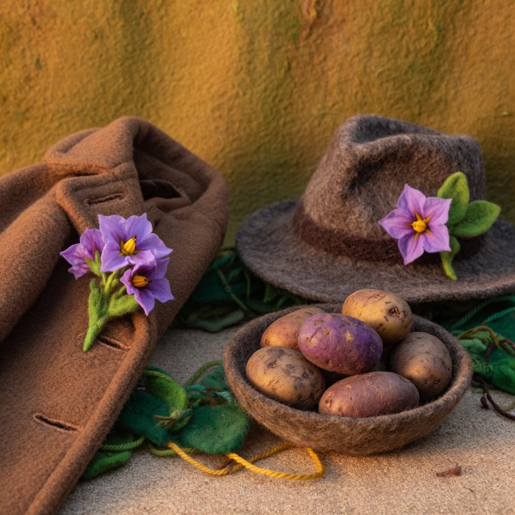 A potato flower on a coat, another on a hat, and a bowl of potatoes
