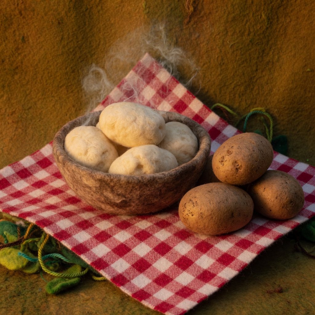 Boiled potatoes and potatoes in their skins on a checked cloth