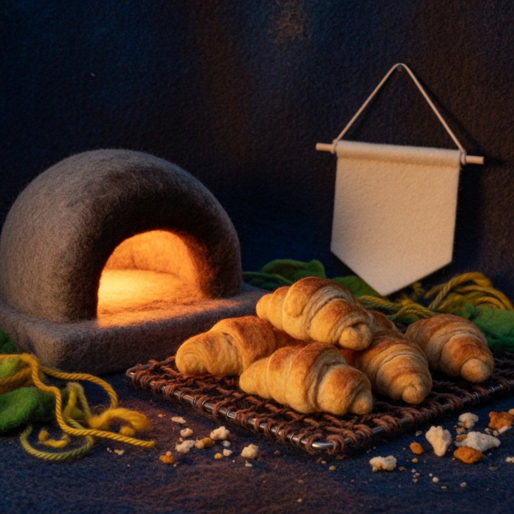 Crescent rolls cooling by a night oven beneath a blank banner