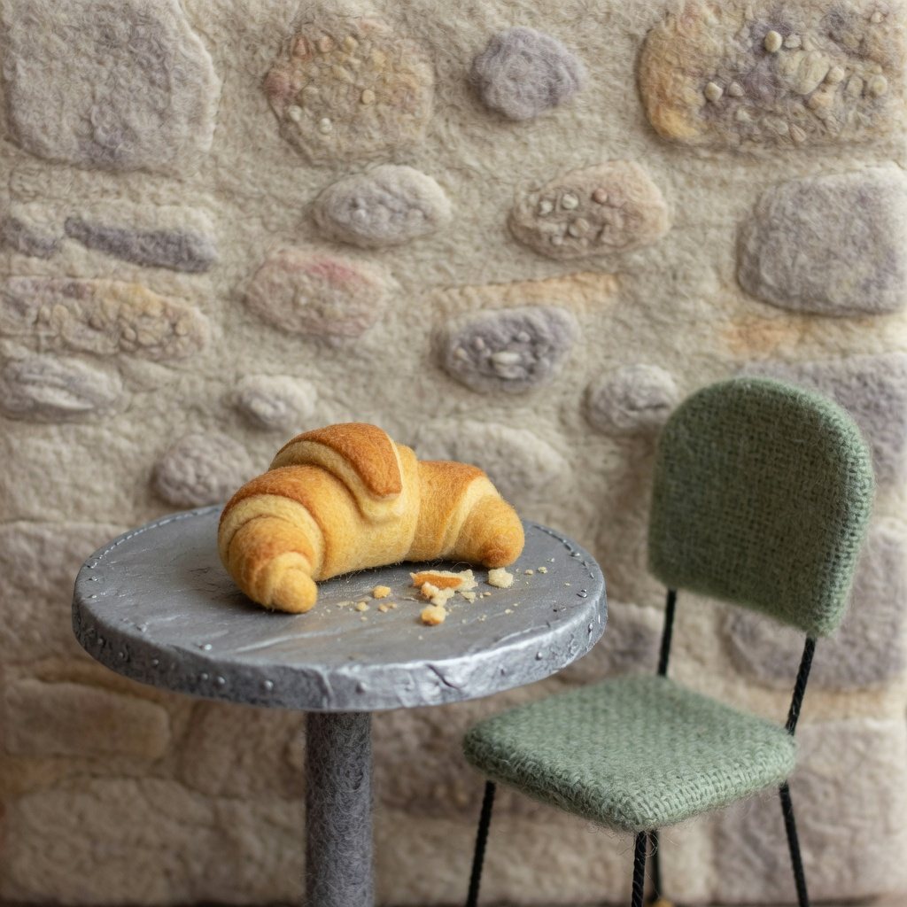 One crescent roll on a cafe table beside an empty chair