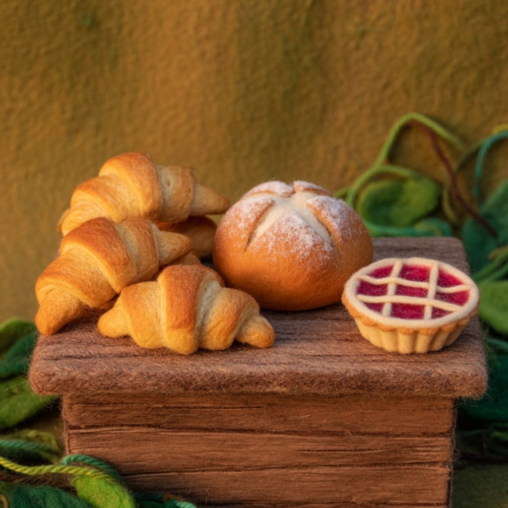 Crescent rolls, a round bun and a small jam tart on a bakery counter