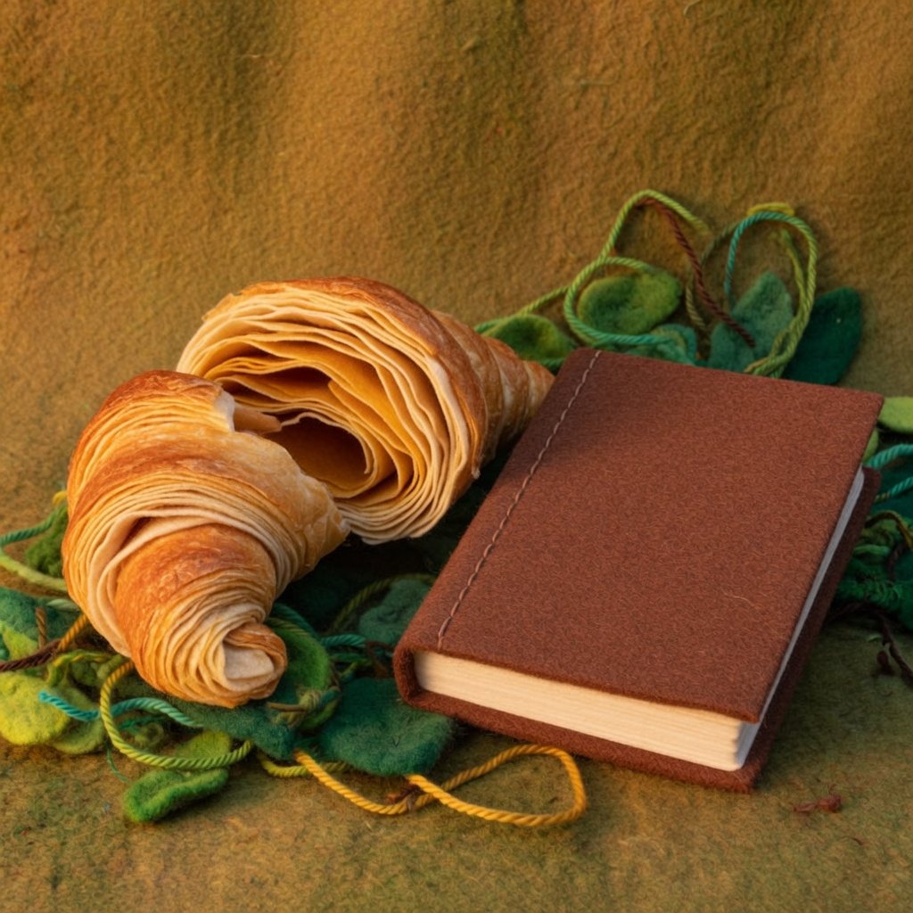 A croissant broken open to show its layers, beside a blank book