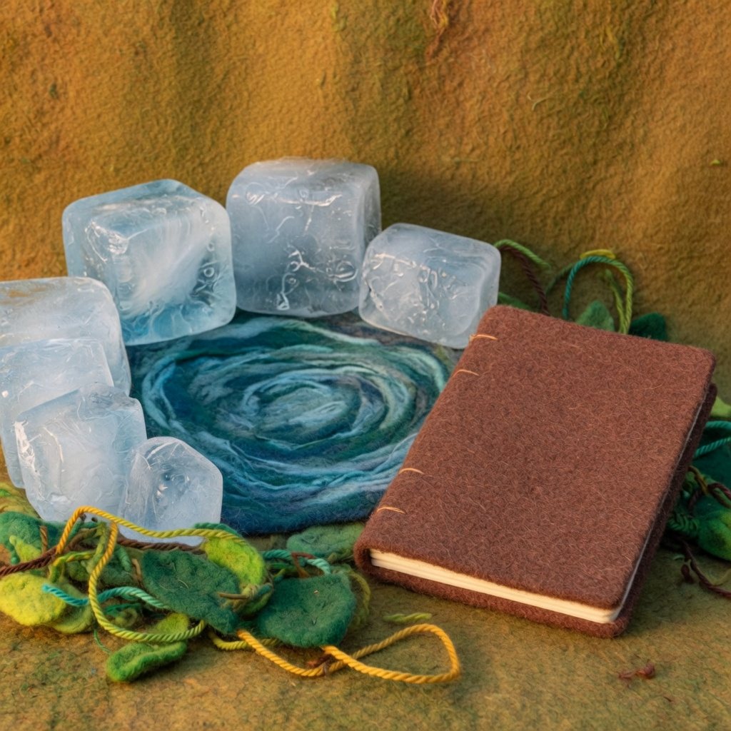 Blocks of pond ice around a frozen pool, with a blank notebook