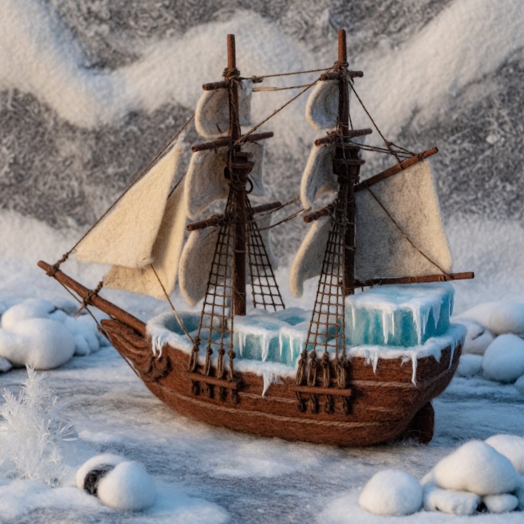 A two-masted wool brig loaded with ice in a winter harbour