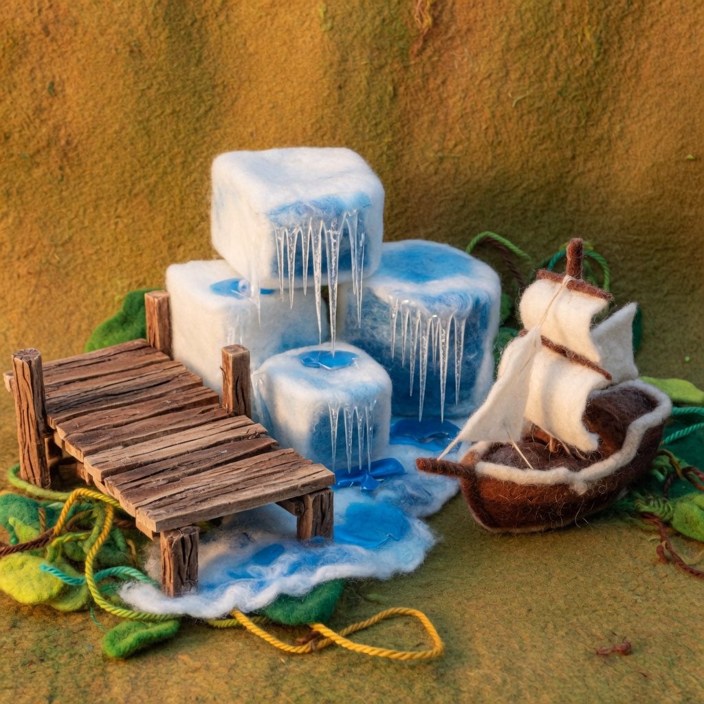 Ice blocks melting and dripping on a tropical dock