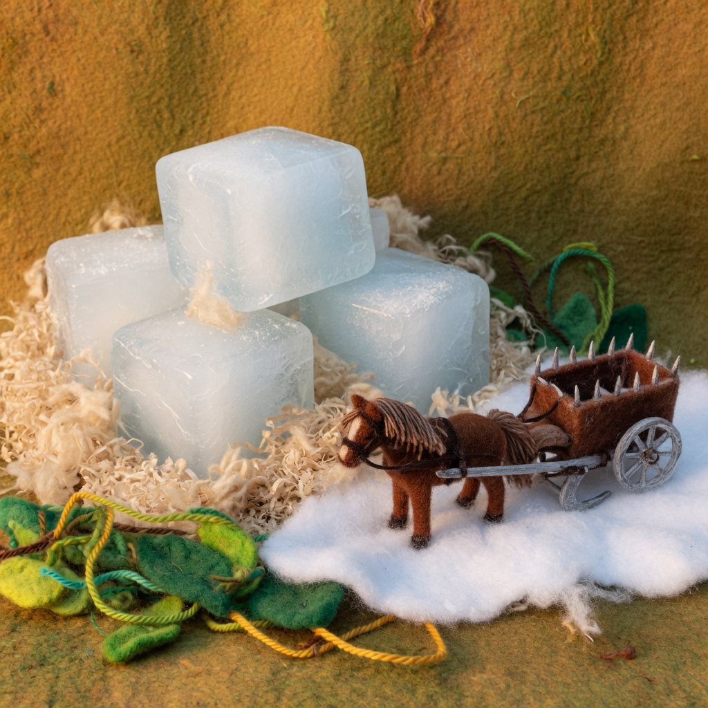 Ice blocks packed in sawdust beside a horse-drawn cutter