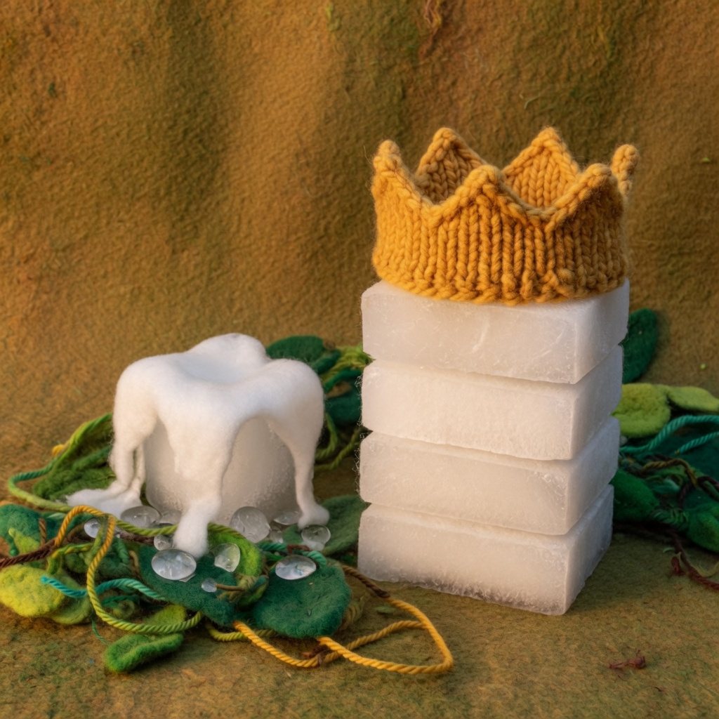 A melting ice block beside a stack of ice topped with a knitted crown