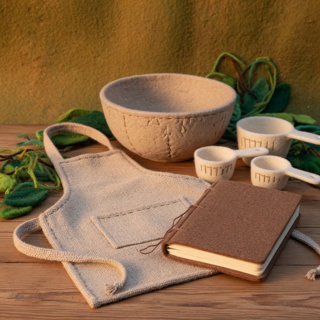 A mixing bowl, an apron, measuring cups and a blank notebook