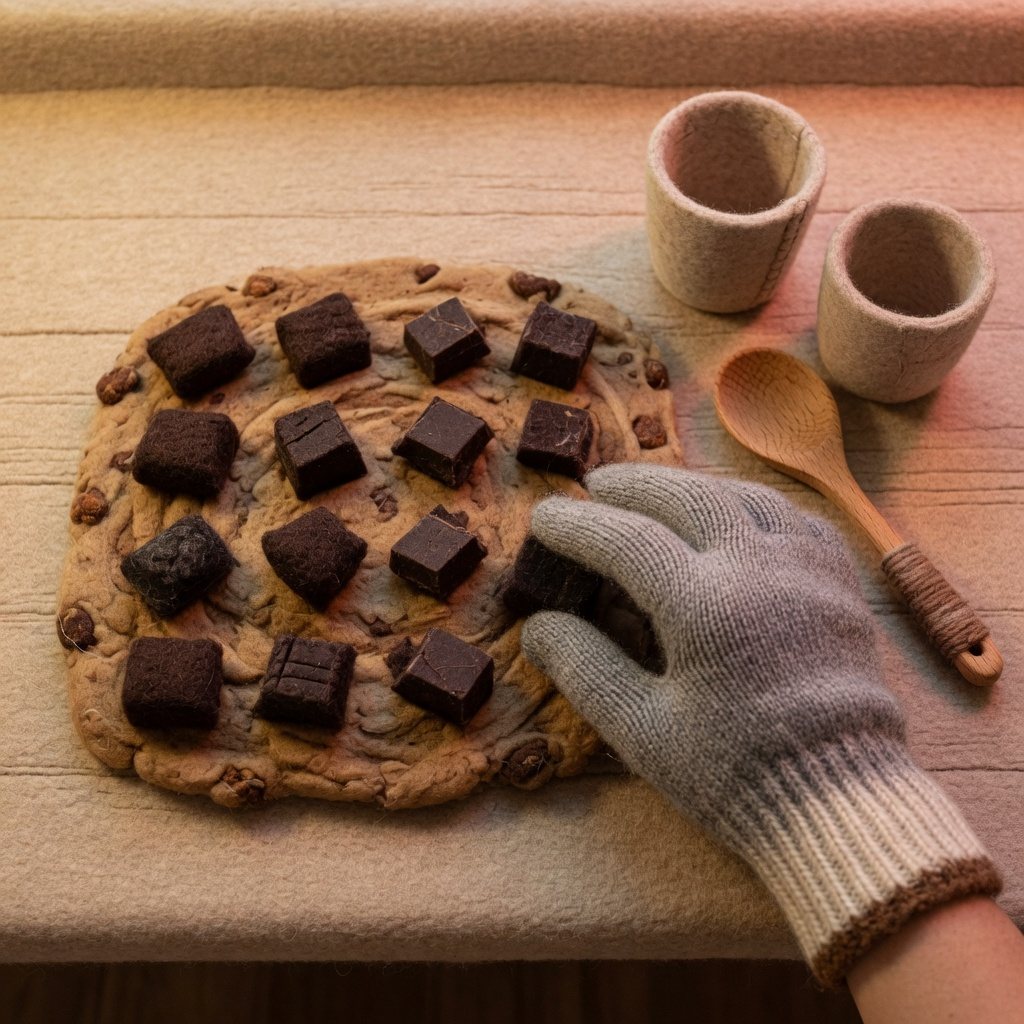 A knitted glove setting chocolate chunks into dough on purpose