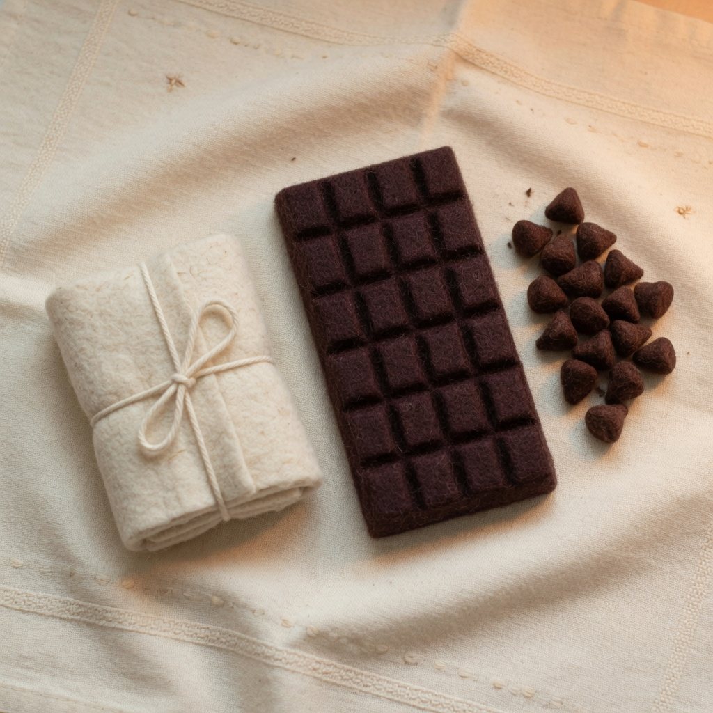 A scored chocolate bar, chocolate chips and a plain cloth parcel