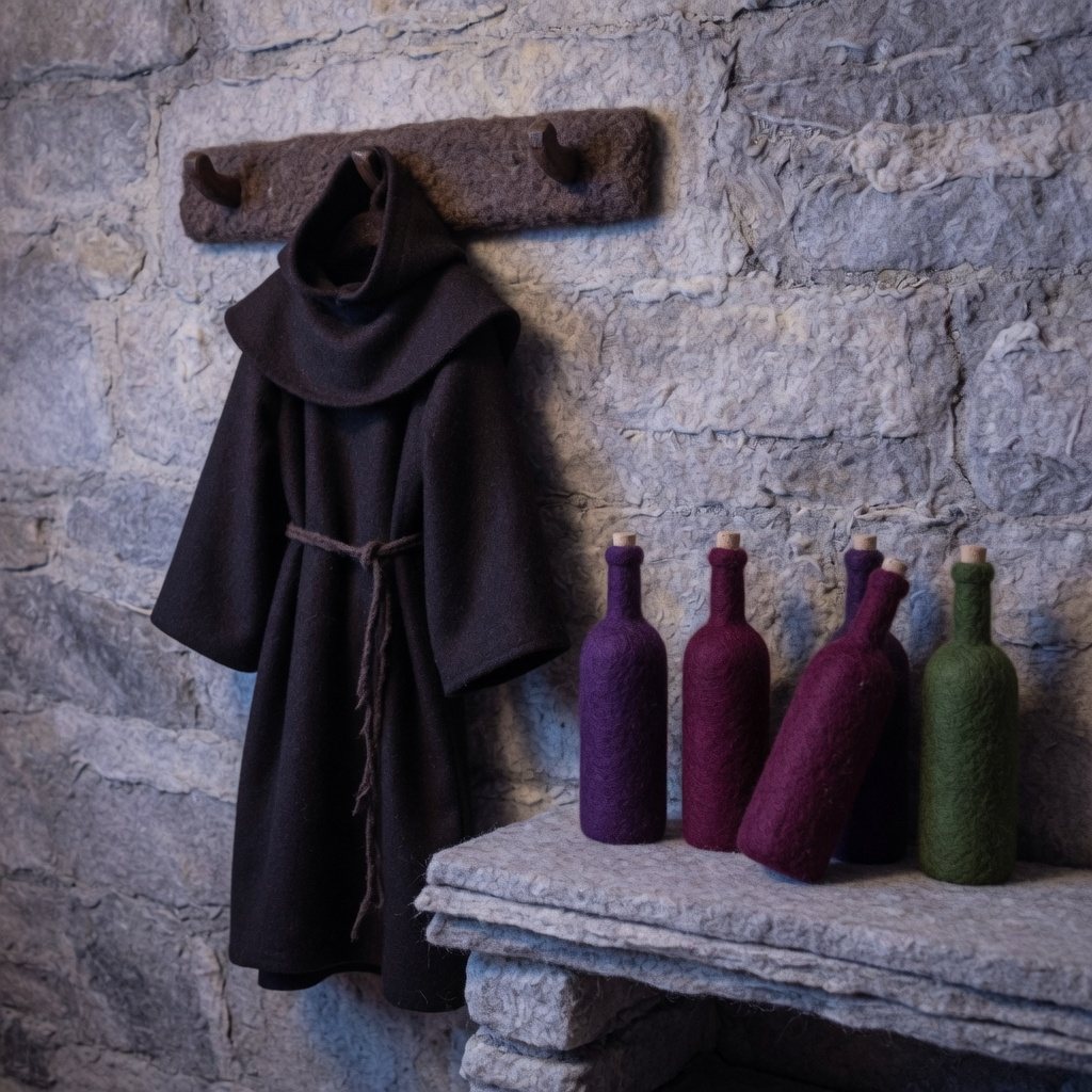 An empty monk’s habit on a hook beside unmarked wine bottles
