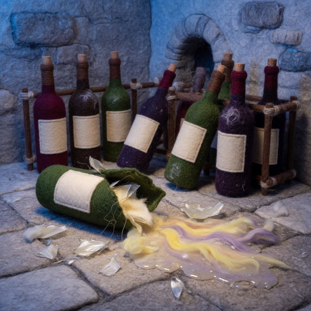 A split wine bottle and spilled wine in a cold cellar