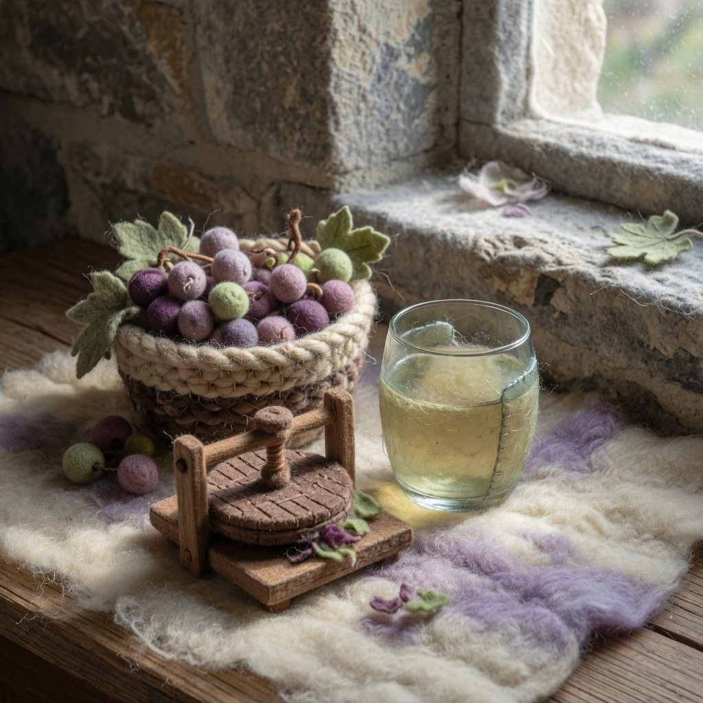 A glass of still wine beside gently pressed grapes