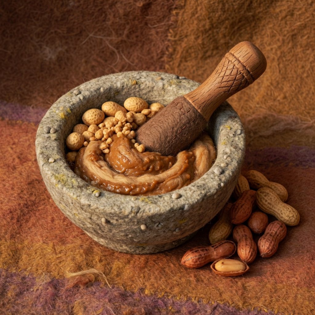 Roasted peanuts ground to a paste in a stone mortar