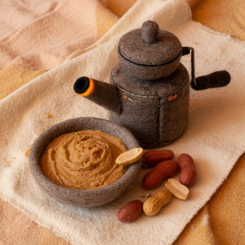 A small hot mill and a bowl of smooth peanut paste