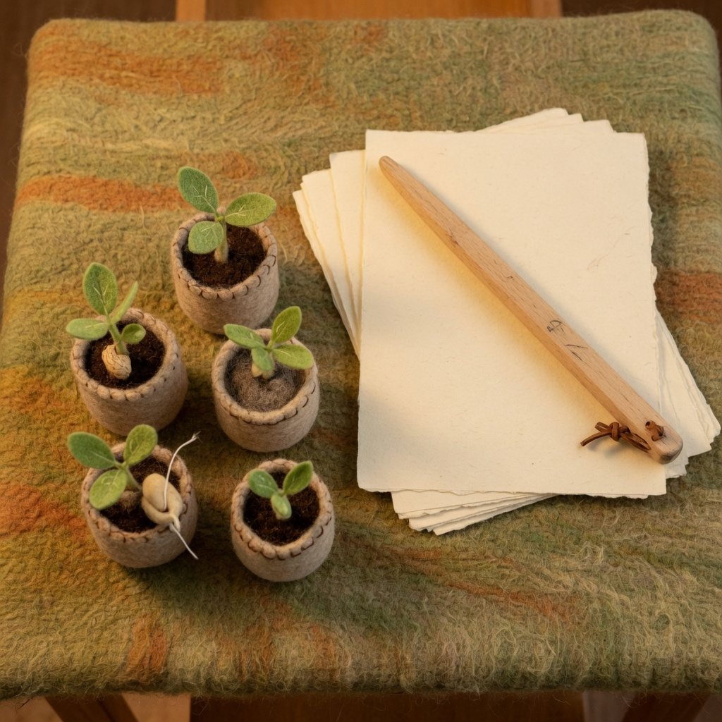 Peanut seedlings beside a stack of blank papers