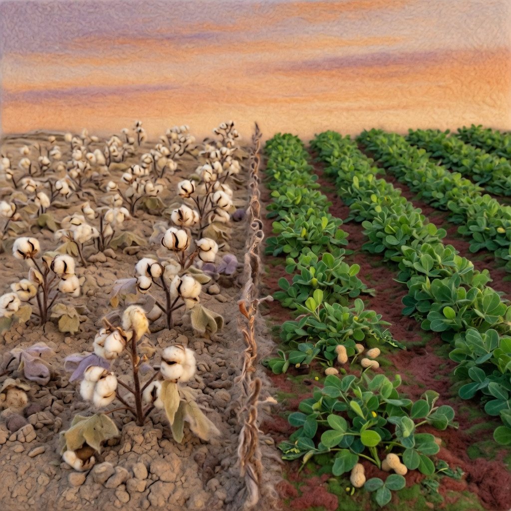 Tired cotton plants beside healthy rows of peanuts