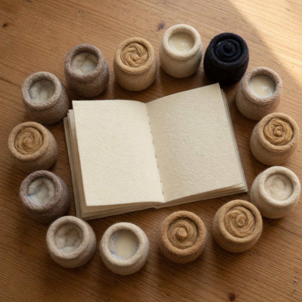 A blank booklet ringed with tiny jars of paste, milk and ink