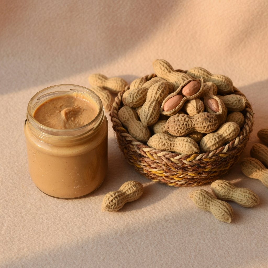 A jar of smooth peanut paste beside a basket of peanuts