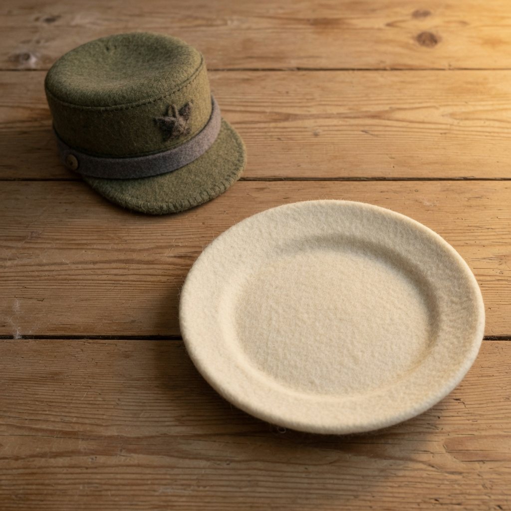 A felt military hat set apart from an empty plate