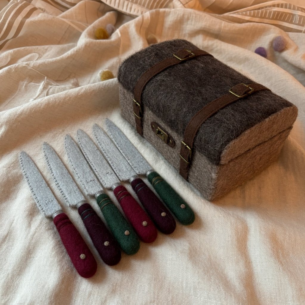Banquet knives beside a closed travel trunk
