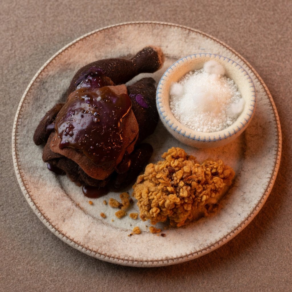Glazed chicken, a bowl of sugar and a crispy fried piece