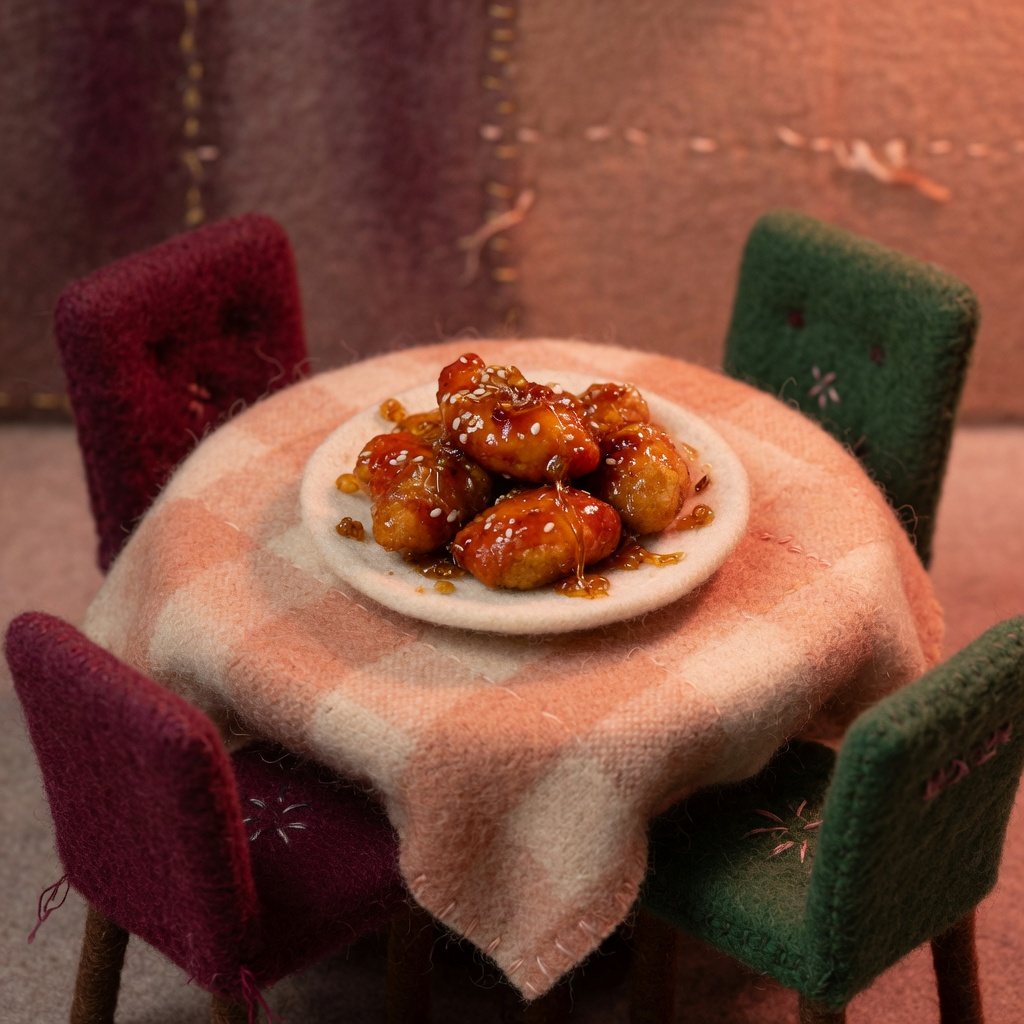 A plate of sticky sweet chicken ringed by empty chairs