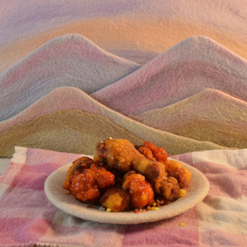 A sweet chicken plate in front of unmarked felt mountains