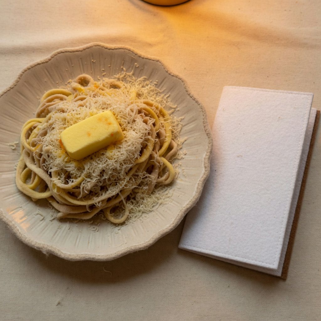 Fettuccine with butter and cheese beside a blank menu