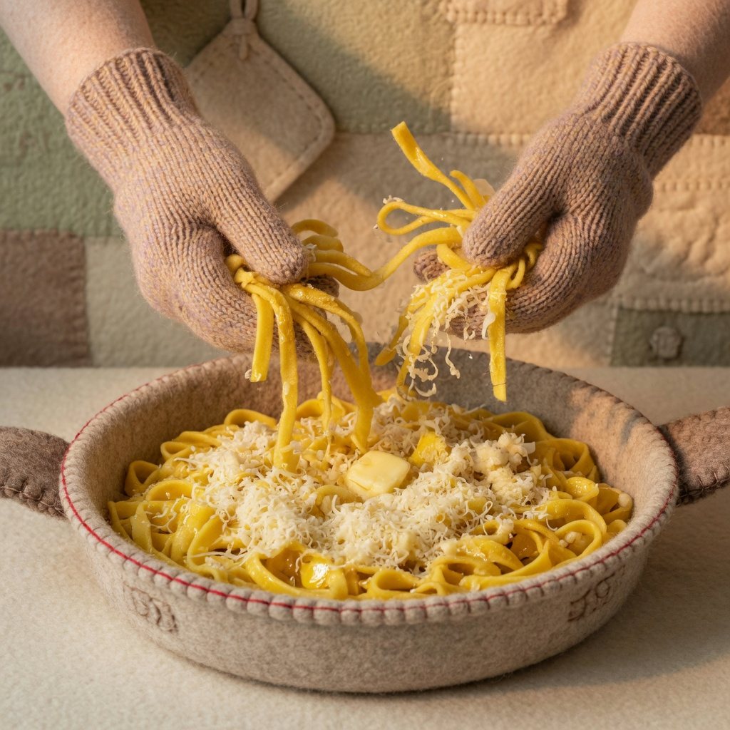 Knitted gloves tossing fettuccine with butter and cheese