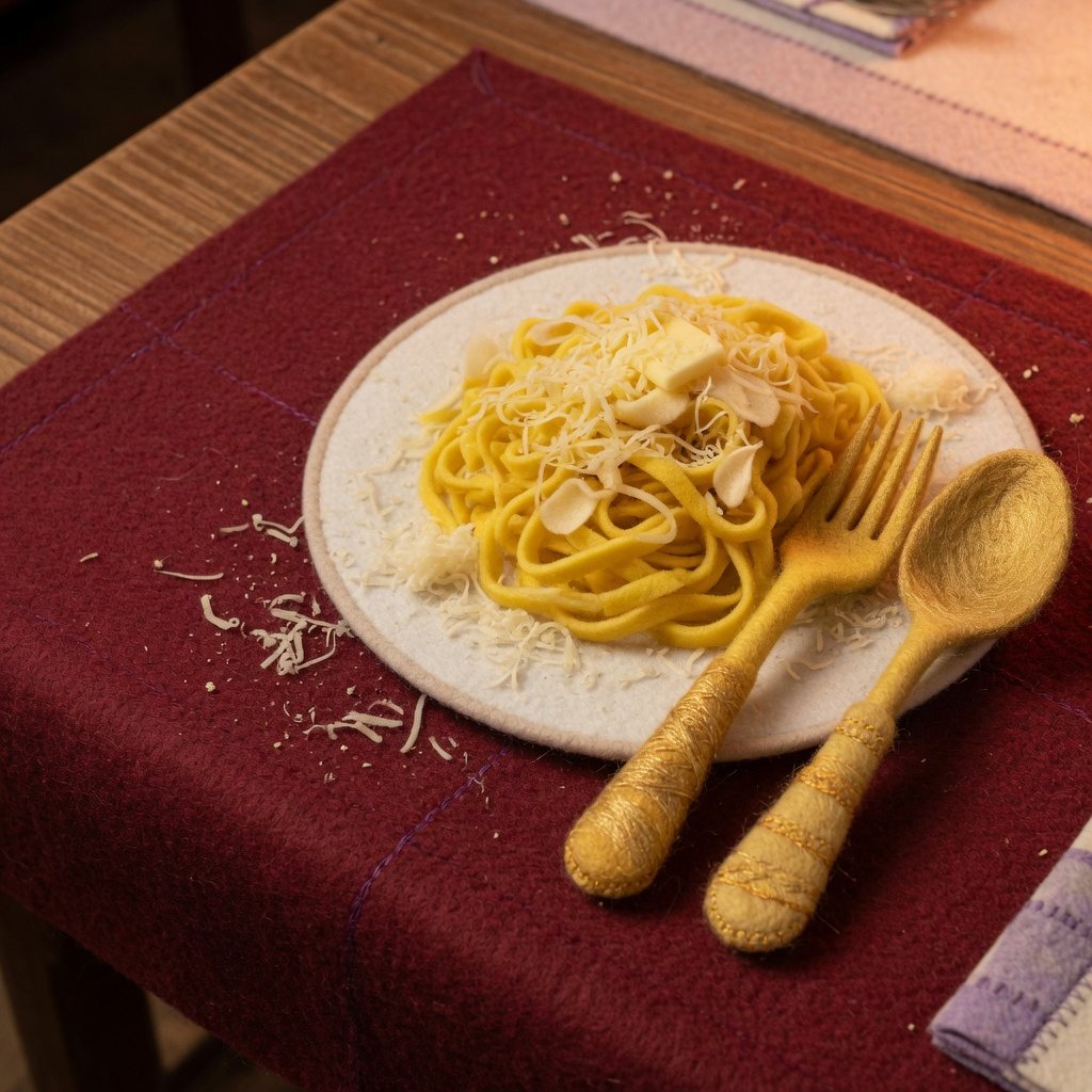 Butter-and-cheese fettuccine beside a golden fork and spoon