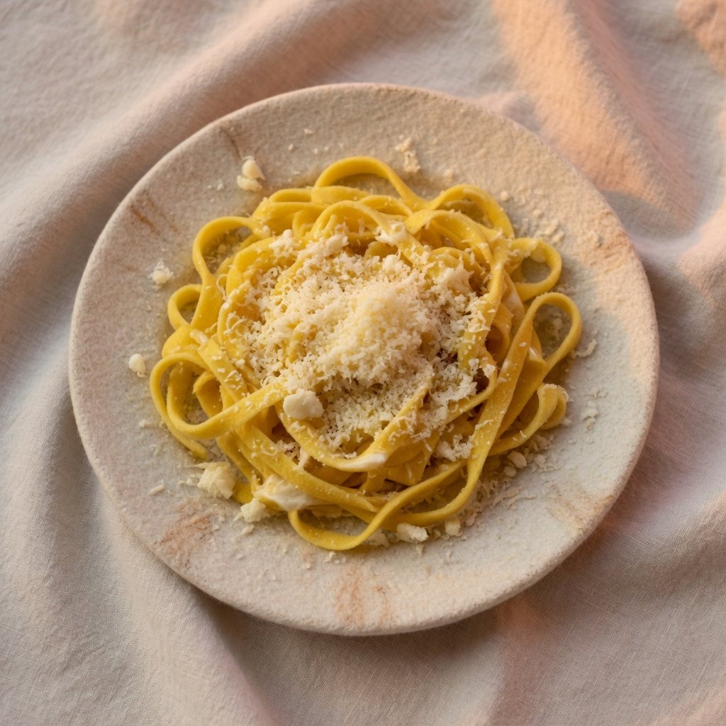 Fettuccine with only butter and cheese on a linen cloth