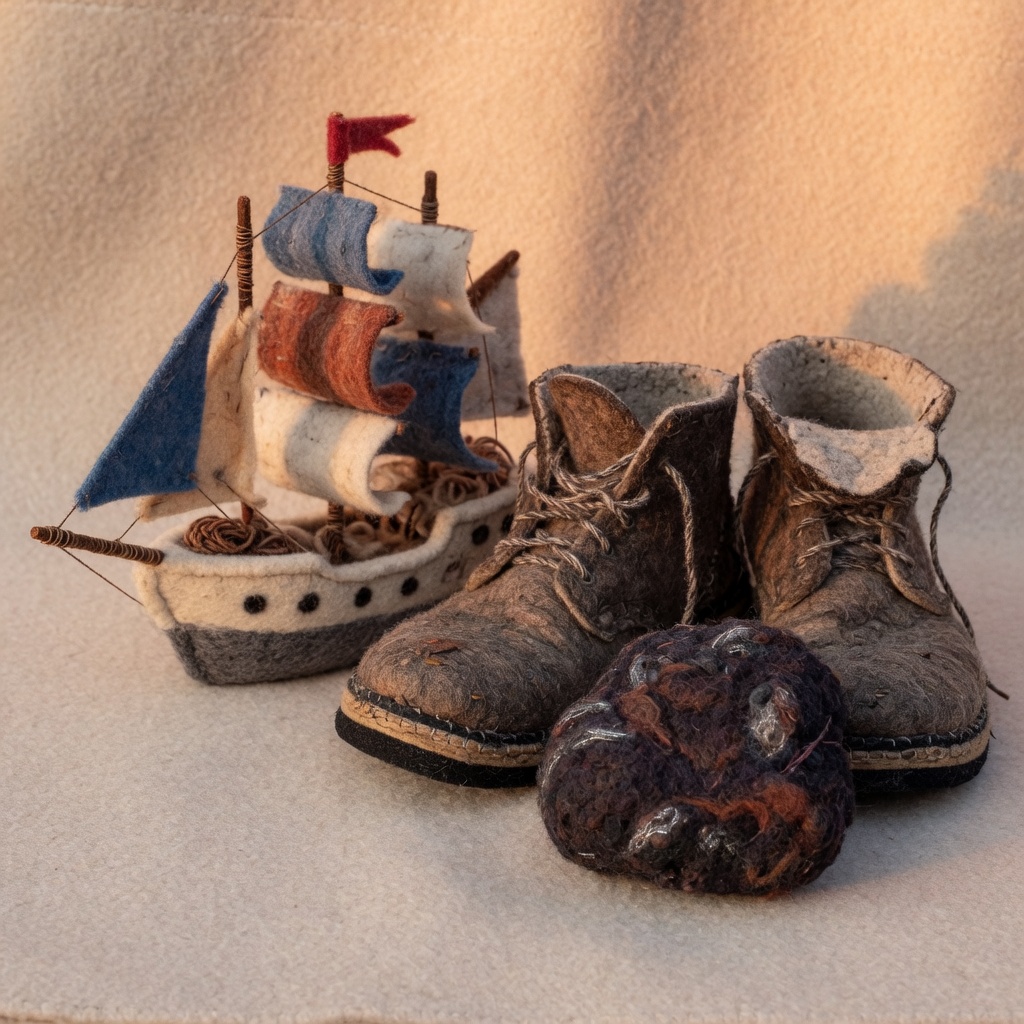 A wool ship, worn work boots and a lump of dark ore
