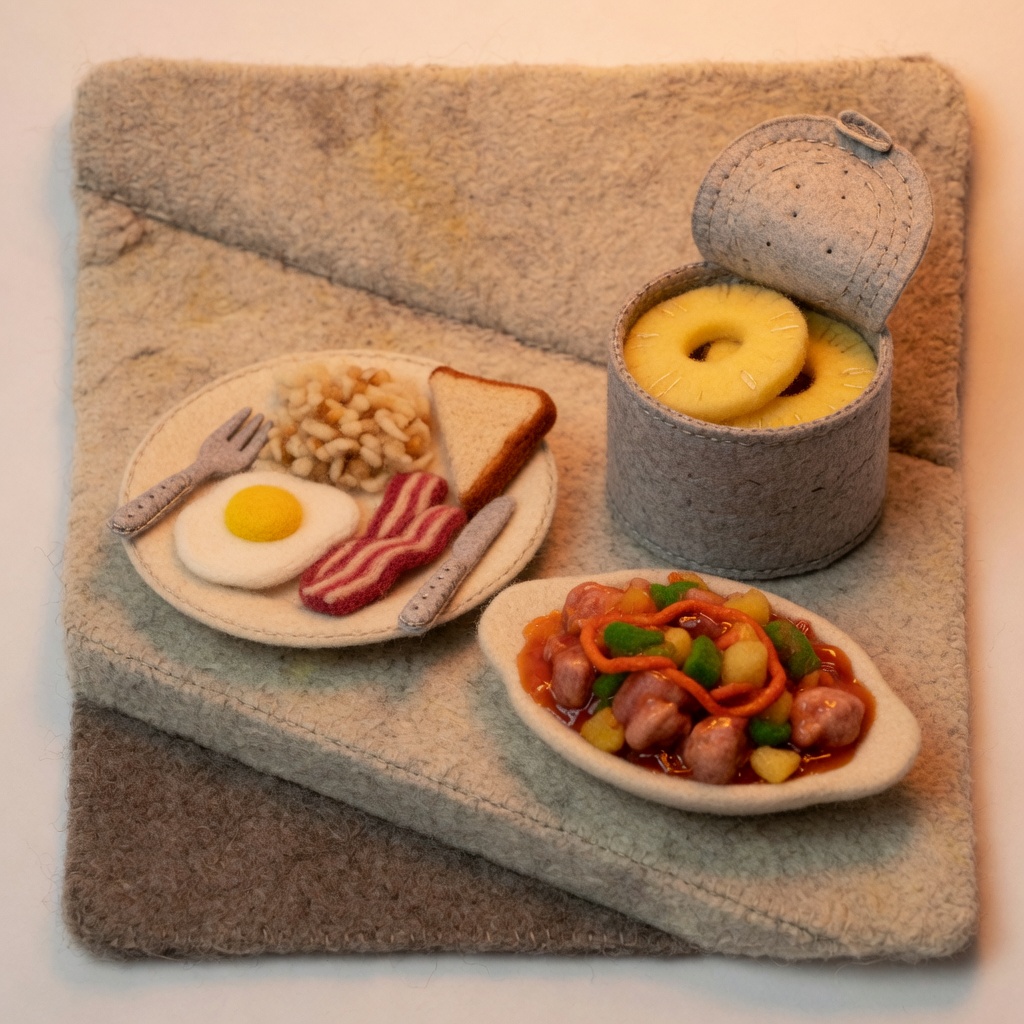 Breakfast, a sweet-and-sour dish and an open pineapple tin