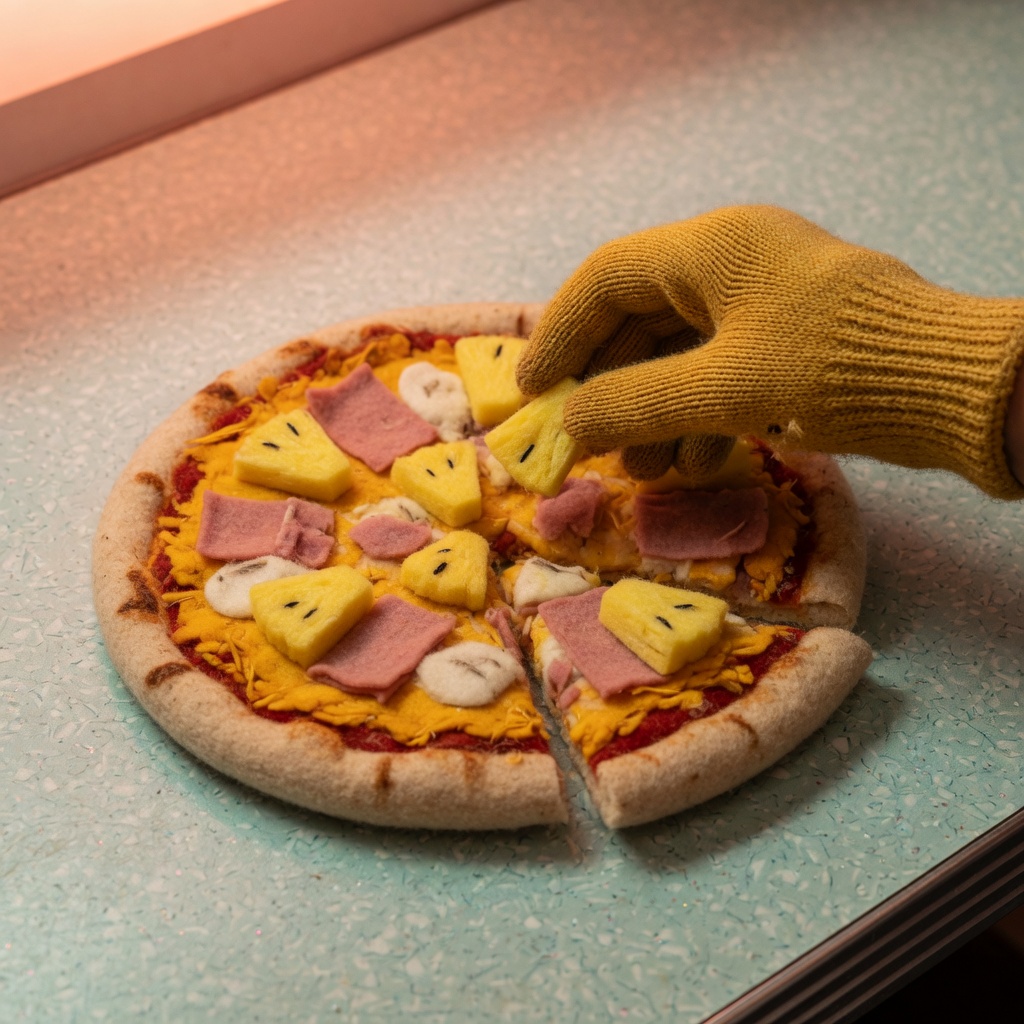 A knitted glove setting a pineapple chunk on a pizza