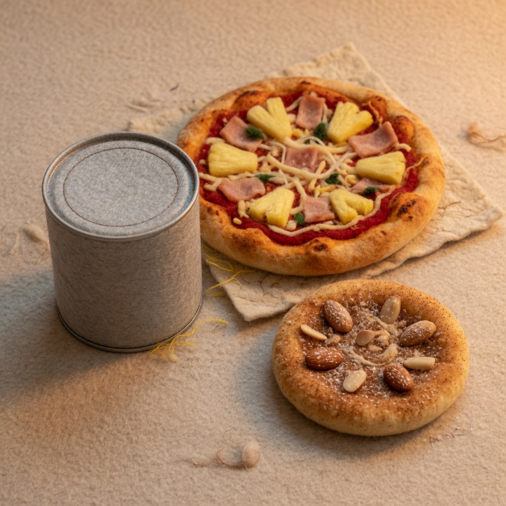 A plain tin, a ham-and-pineapple pizza and a sweet almond pizza
