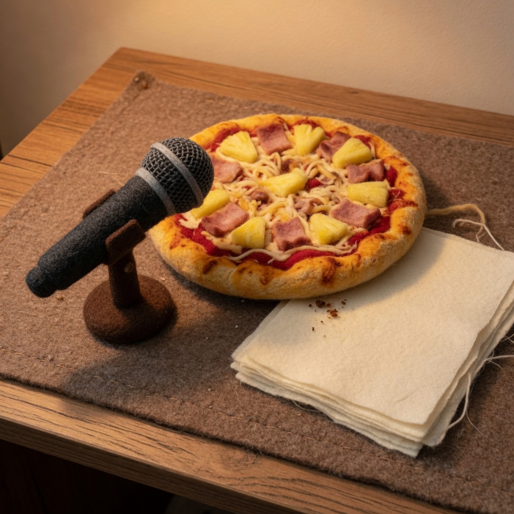 A ham-and-pineapple pizza, a blank microphone and blank papers