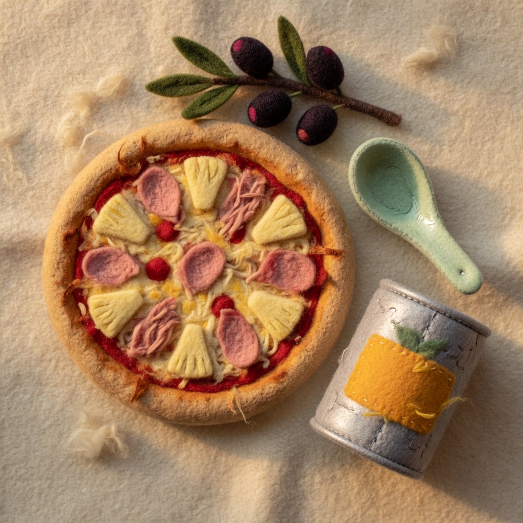 A pizza with olives, a Chinese spoon and a plain pineapple tin