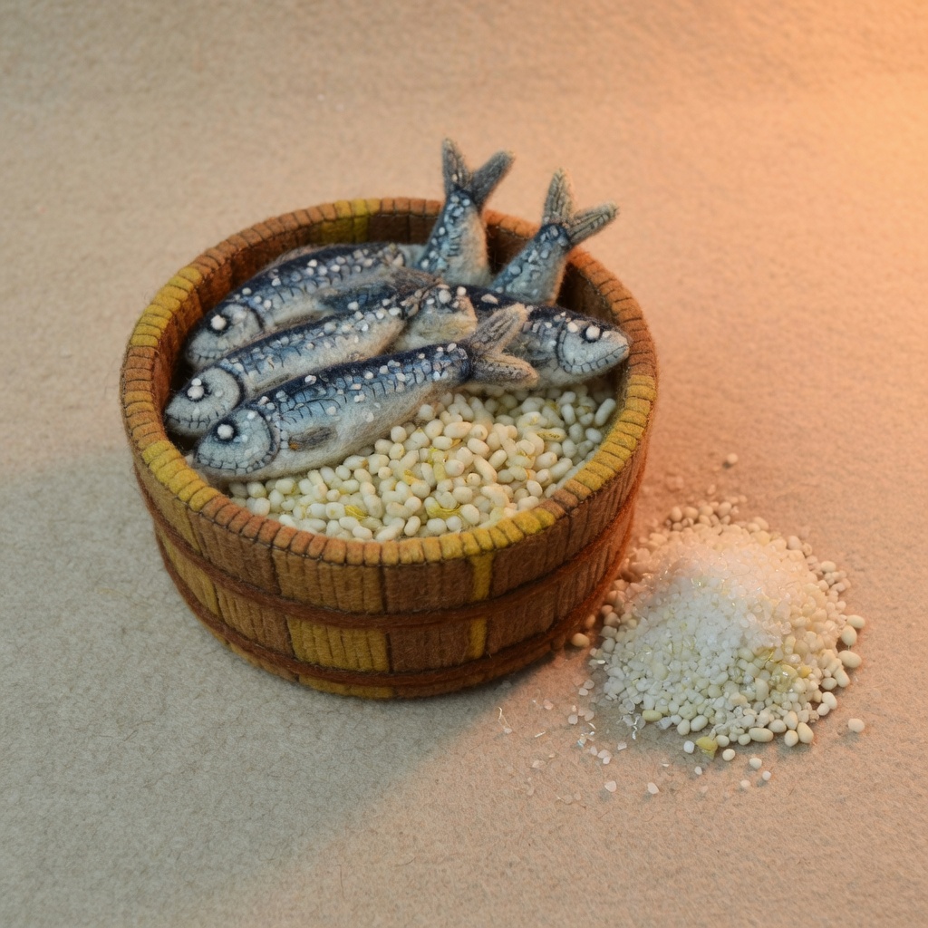 Salted fish packed with rice in a wooden tub