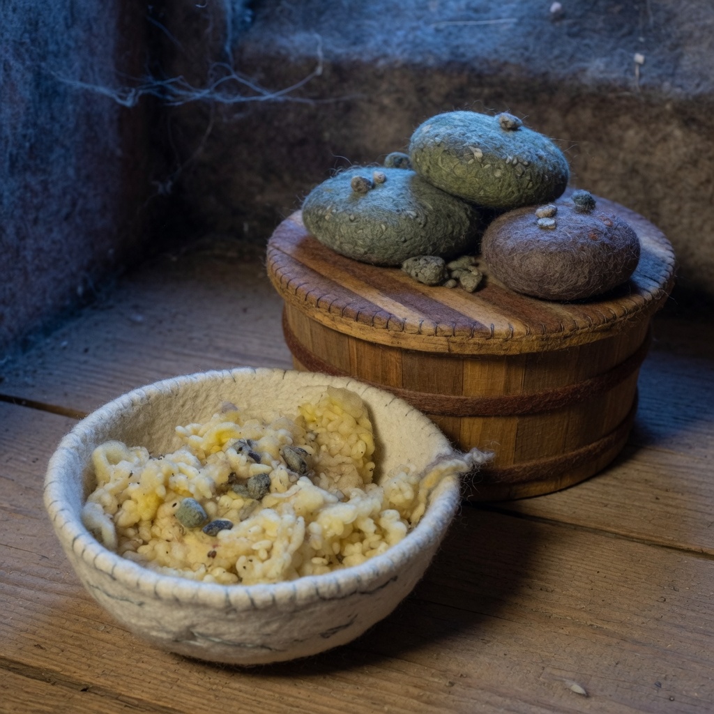 Heavy stones on a closed tub, with sour rice set aside