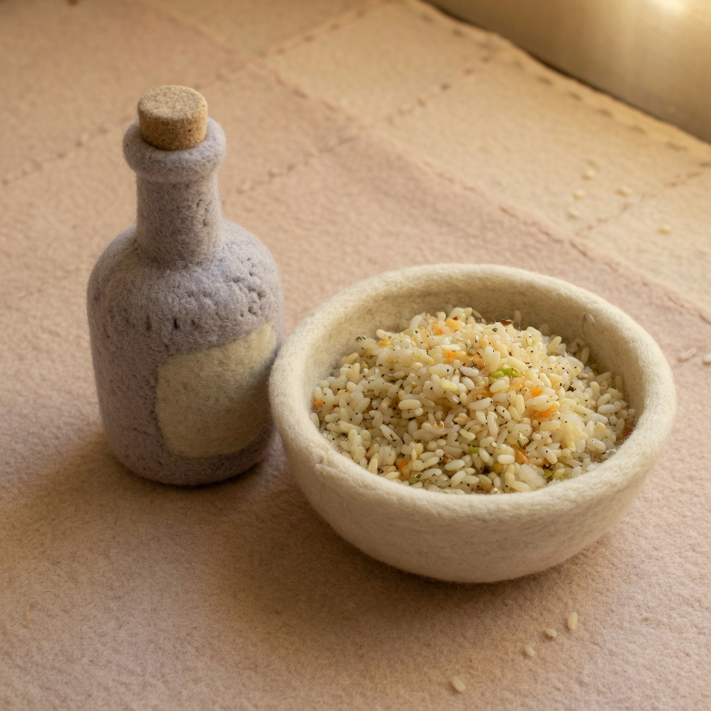 A bottle of vinegar beside a bowl of seasoned rice