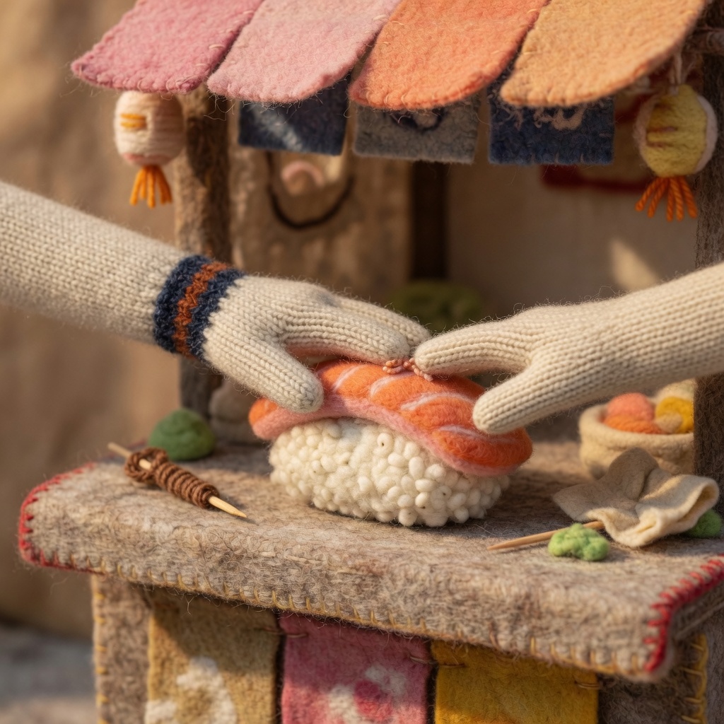 Knitted arms pressing a piece of nigiri on a stall