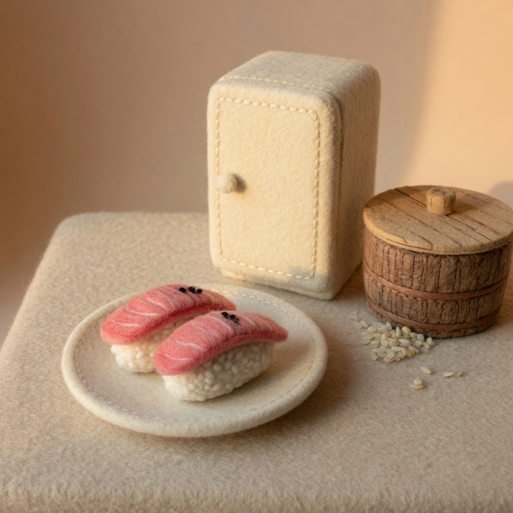 Nigiri in front of a small fridge, with an old rice tub behind